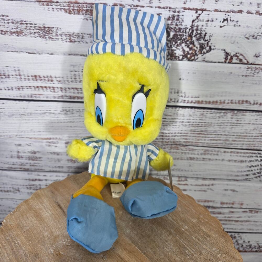 VTG Tweety Bird in Pajamas Plush Toy 1997 Wearing Blue White PJS 10" READ